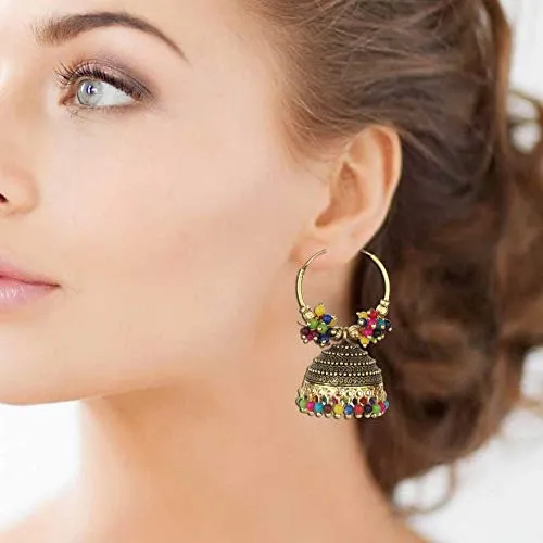 Yellow Chimes Yellow Chimes Stylish Classic Design Oxidized Gold Plated Traditional Beads Hoops Jhumka Jhumki Bali Earrings for Women and Girls Earrings