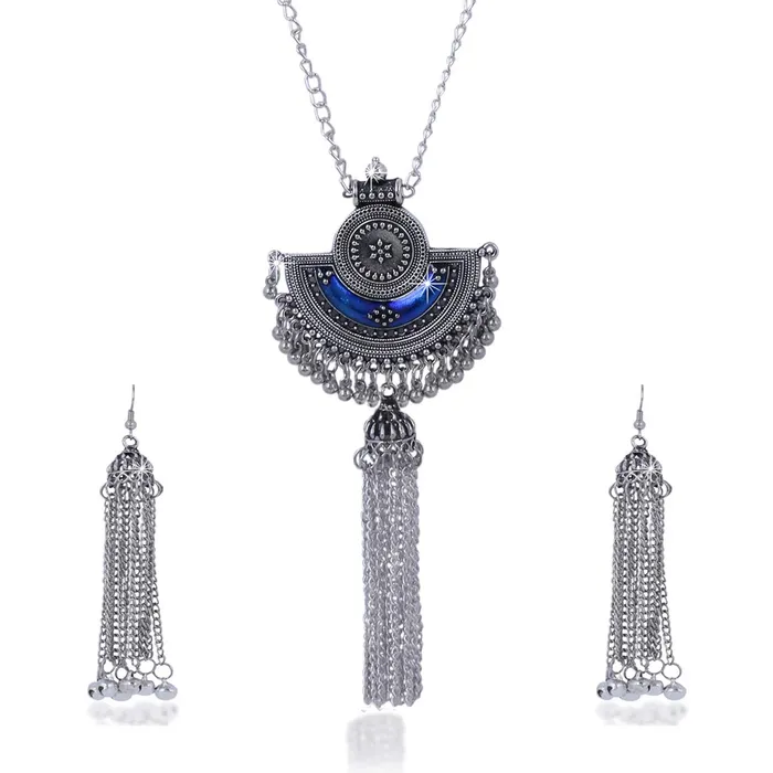 Yellow Chimes Yellow Chimes Stylish Crafted Royal Blue Meenakari Oxidized Silver Necklace Set with Earrings Oxidized Jewellery Sets for Women and Girls Necklaces Yellow Chimes Yellow Chimes Stylish Crafted Royal Blue Meenakari Oxidized Silver Necklace Set with Earrings Oxidized Jewellery Sets for Women and Girls Necklaces