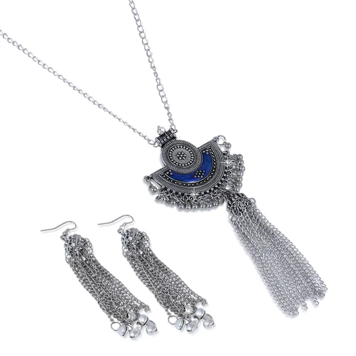 Yellow Chimes Yellow Chimes Stylish Crafted Royal Blue Meenakari Oxidized Silver Necklace Set with Earrings Oxidized Jewellery Sets for Women and Girls Necklaces