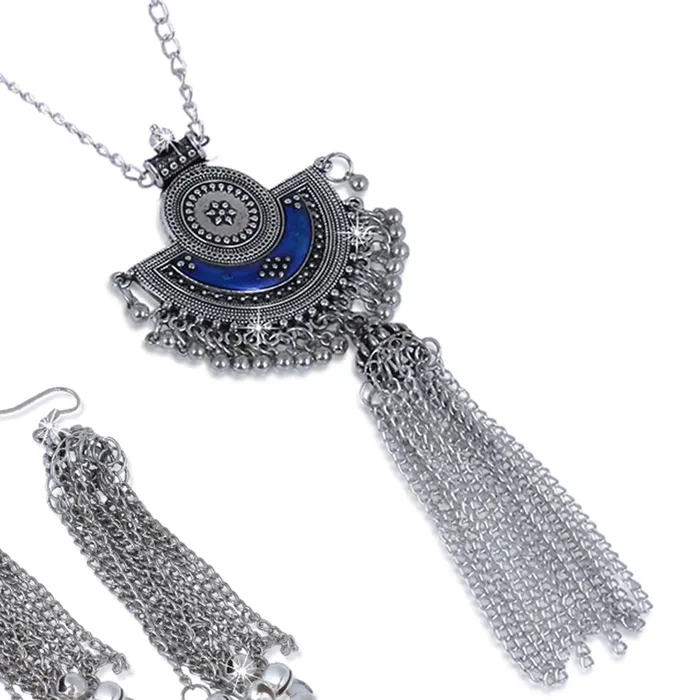 Yellow Chimes Yellow Chimes Stylish Crafted Royal Blue Meenakari Oxidized Silver Necklace Set with Earrings Oxidized Jewellery Sets for Women and Girls Necklaces