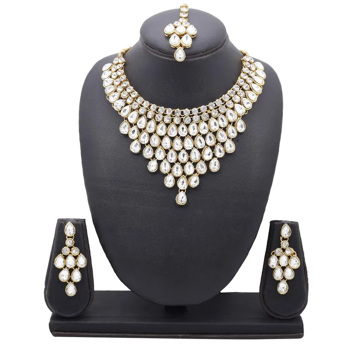 Yellow Chimes Yellow Chimes Stylish Dulhan Kundan Jewellery Set Gold Plated Party Wear Traditional White Choker Necklace Set for Women Girls Earrings