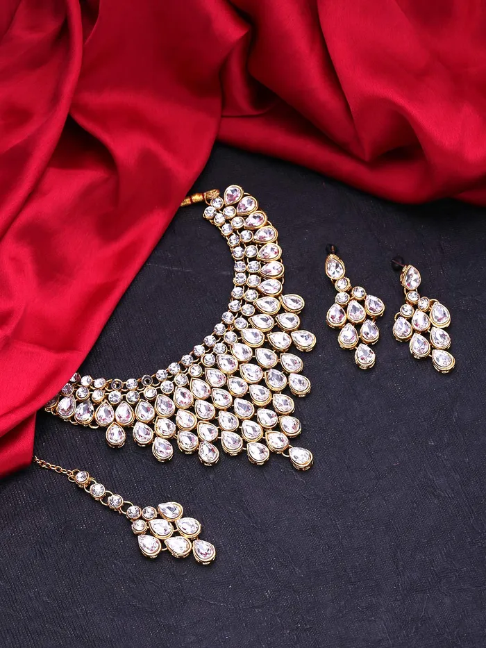 Yellow Chimes Yellow Chimes Stylish Dulhan Kundan Jewellery Set Gold Plated Party Wear Traditional White Choker Necklace Set for Women Girls Earrings