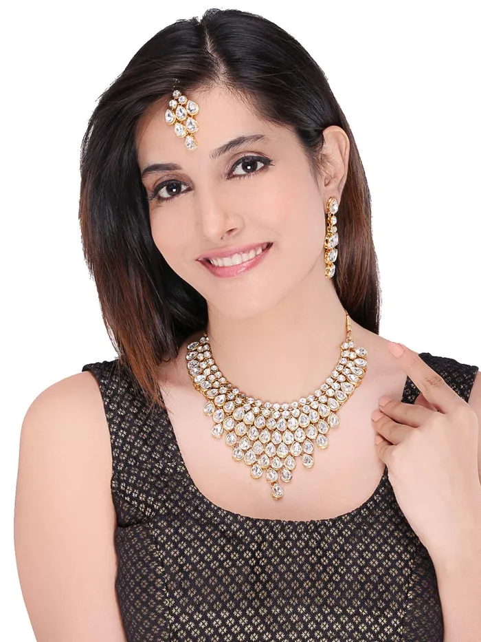 Yellow Chimes Yellow Chimes Stylish Dulhan Kundan Jewellery Set Gold Plated Party Wear Traditional White Choker Necklace Set for Women Girls Earrings