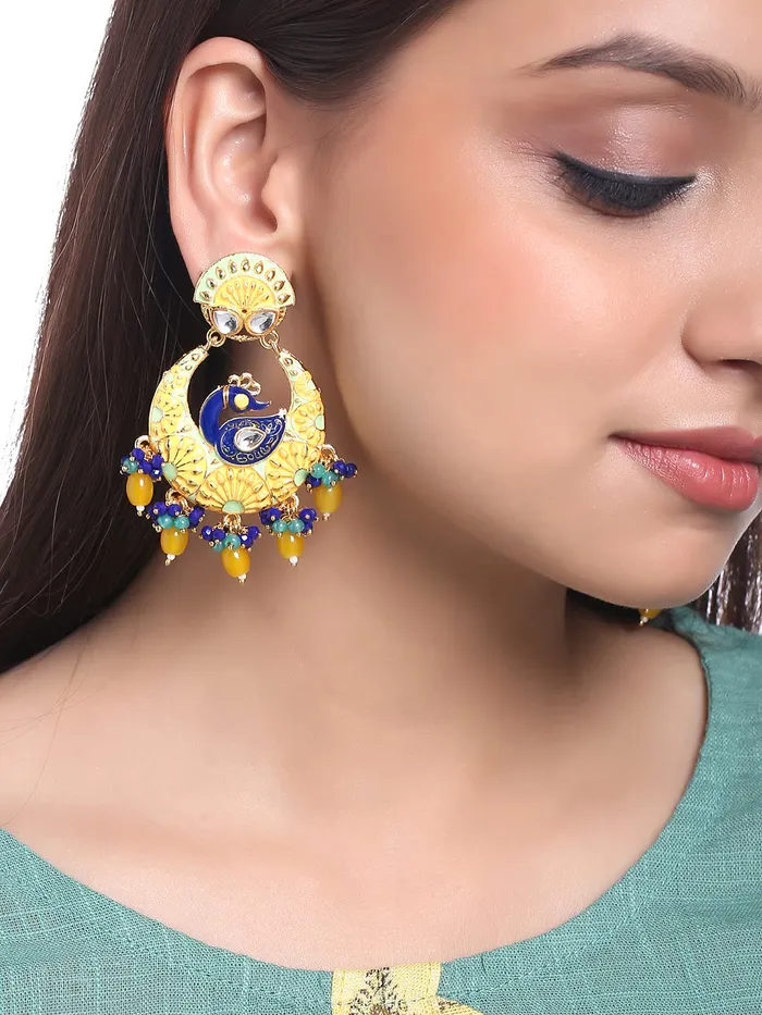 Yellow Chimes Yellow Chimes Traditional Gold Toned Yellow Peacock Design Pearl Meenakari Chandbali Earrings for Women and Girls Medium YCTJER91MNKPCKYL Earrings
