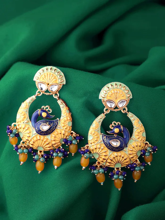 Yellow Chimes Yellow Chimes Traditional Gold Toned Yellow Peacock Design Pearl Meenakari Chandbali Earrings for Women and Girls Medium YCTJER91MNKPCKYL Earrings